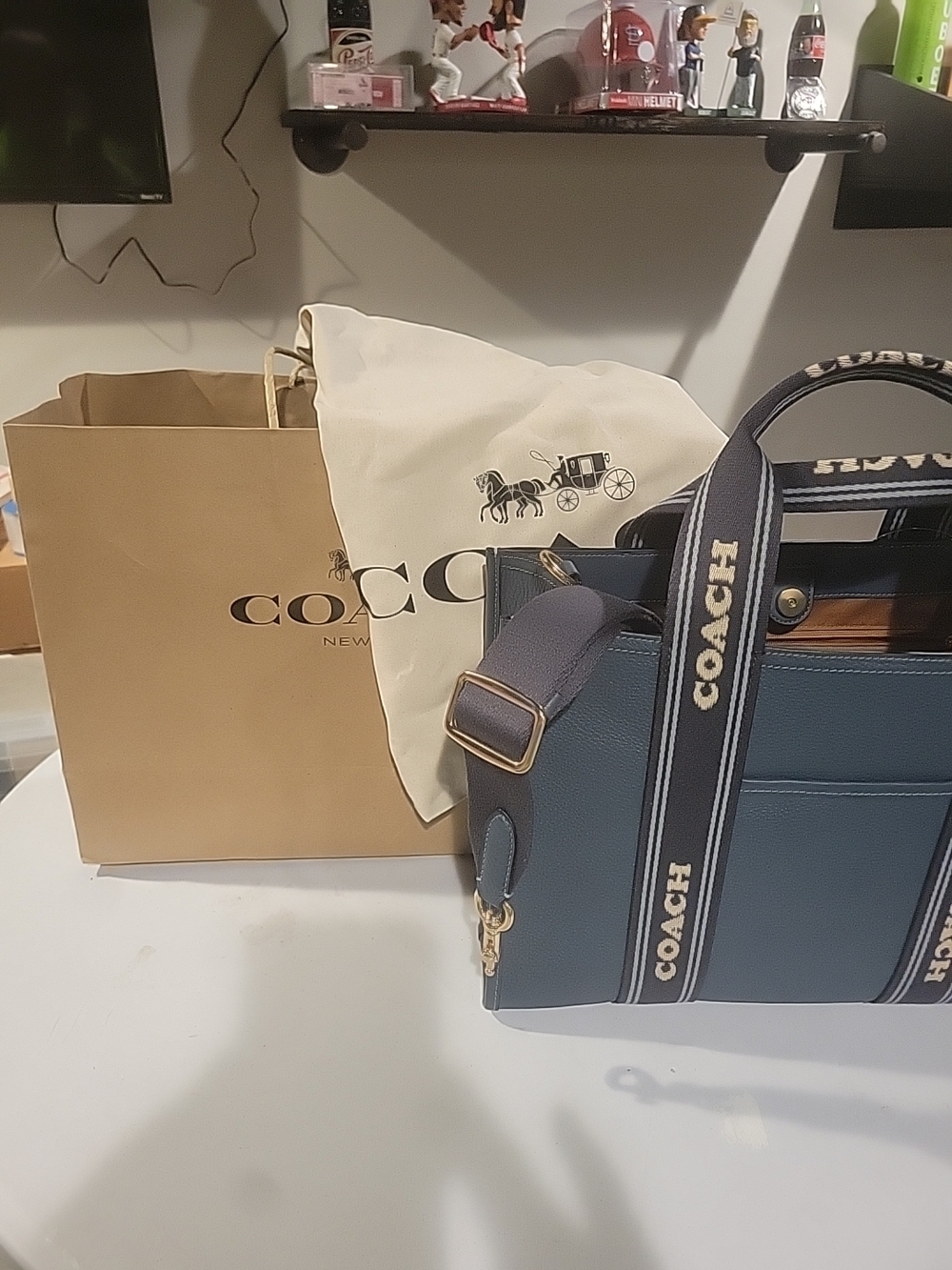 Coach Navy Logo Strap Leather Tote - Picture 3 of 16